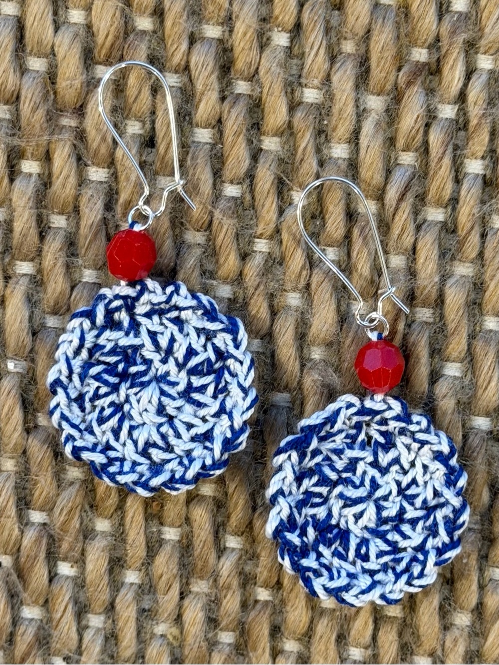 Hand Crafted Navy & White Crochet Disc Earrings with Red Bead